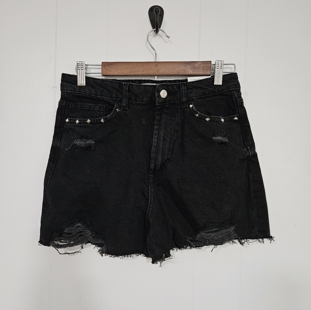 Nwt Zara Black Distressed Jean Shorts - Picture 1 of 5